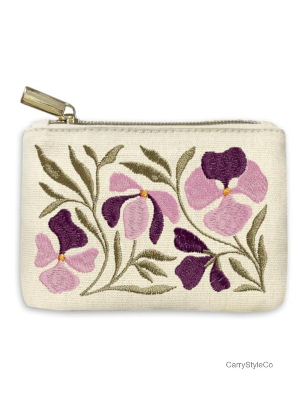 Embroidered Canvas Coin Pouch Gold Zipper Small Purse